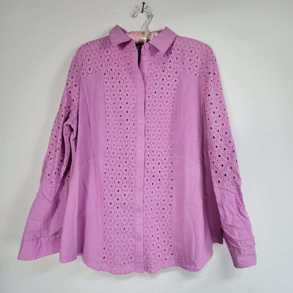 Chico's Lavender Eyelet Mix Shirt Button-Up 3/4 Sleeve Fashion Top Size 2 New